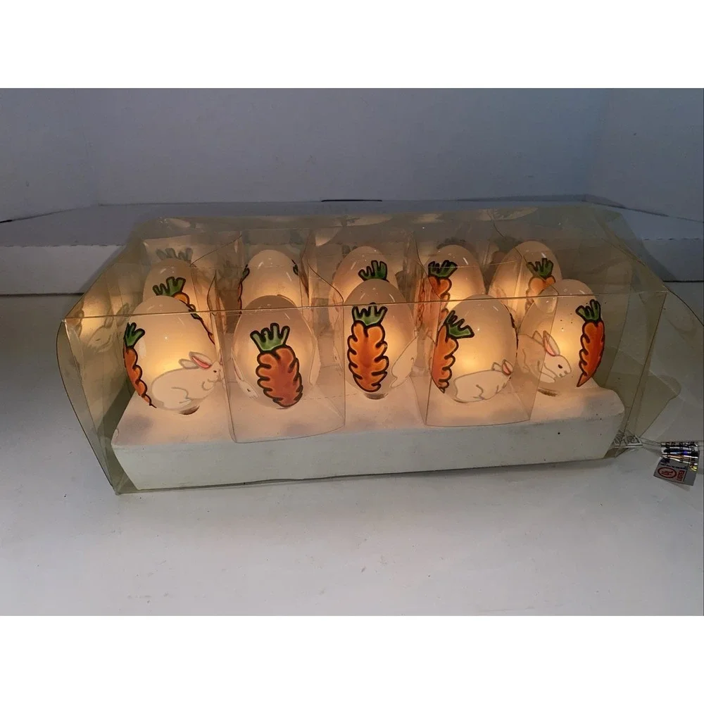 Vintage White Easter Egg Light String With Carrot And‎ Bunny Design Works In Box